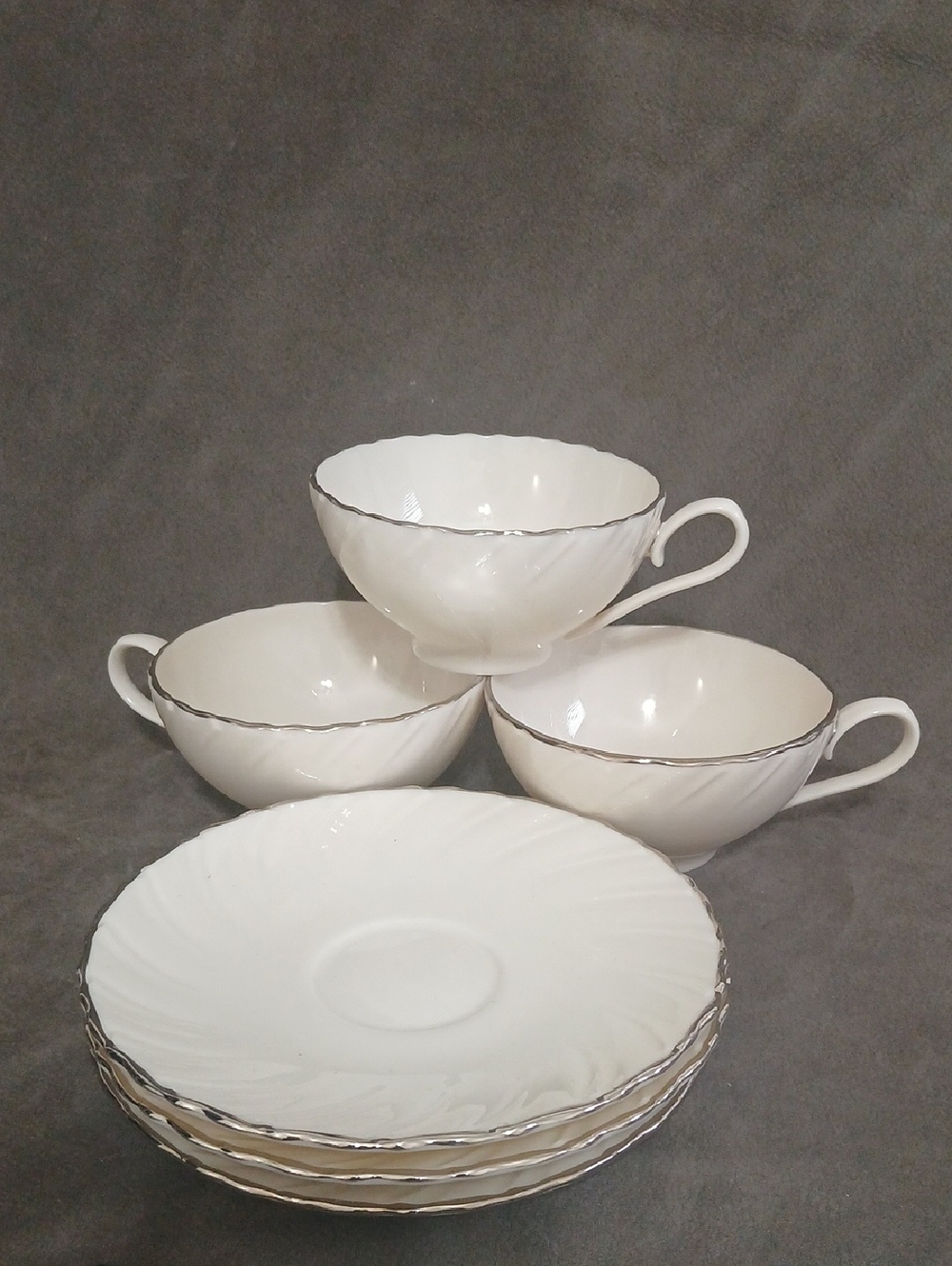 Lenox Weatherly White Porcelain Tea Cups and Saucers with Silver Trim 3 Pcs